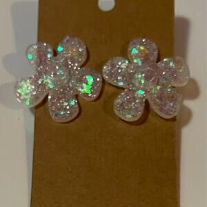 Handmade epoxy resin large flower earrings - translucent holographic glitter‎